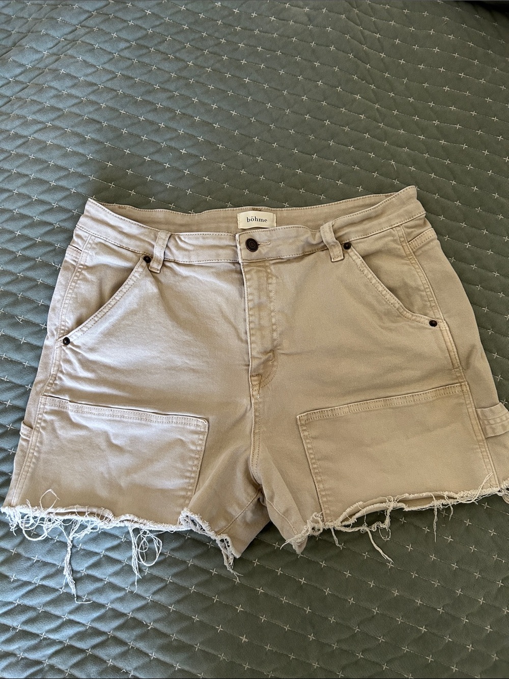 bohme Frayed-Hem Utility Jean Shorts in Beige - Picture 3 of 9